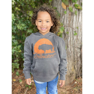 Youth child wearing a light grey with orange Buffalo design from Chillwater Apparel.