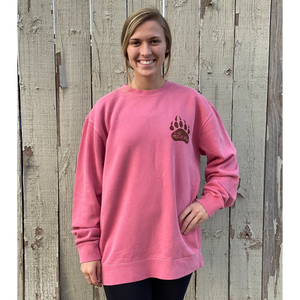 Young female wearing a faded pink sweatshirt in the Grizzly design by Chillwater. The back pictures a grizzly bear with a bright pink salmon in its mouth.