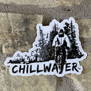 Trailblazer "Mountain Biker" sticker by Chillwater Apparel in black and white.