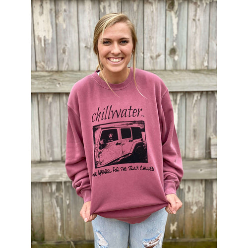 Light wine sweatshirt with chillwater's jim tom design on the front center. Design includes chillwater lettering, photo of jim tom dog in a jeep and the words 