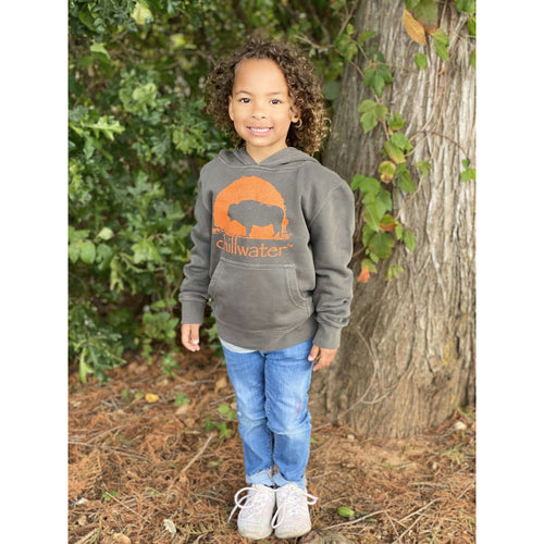 Youth child wearing a light grey with orange Buffalo design from Chillwater Apparel