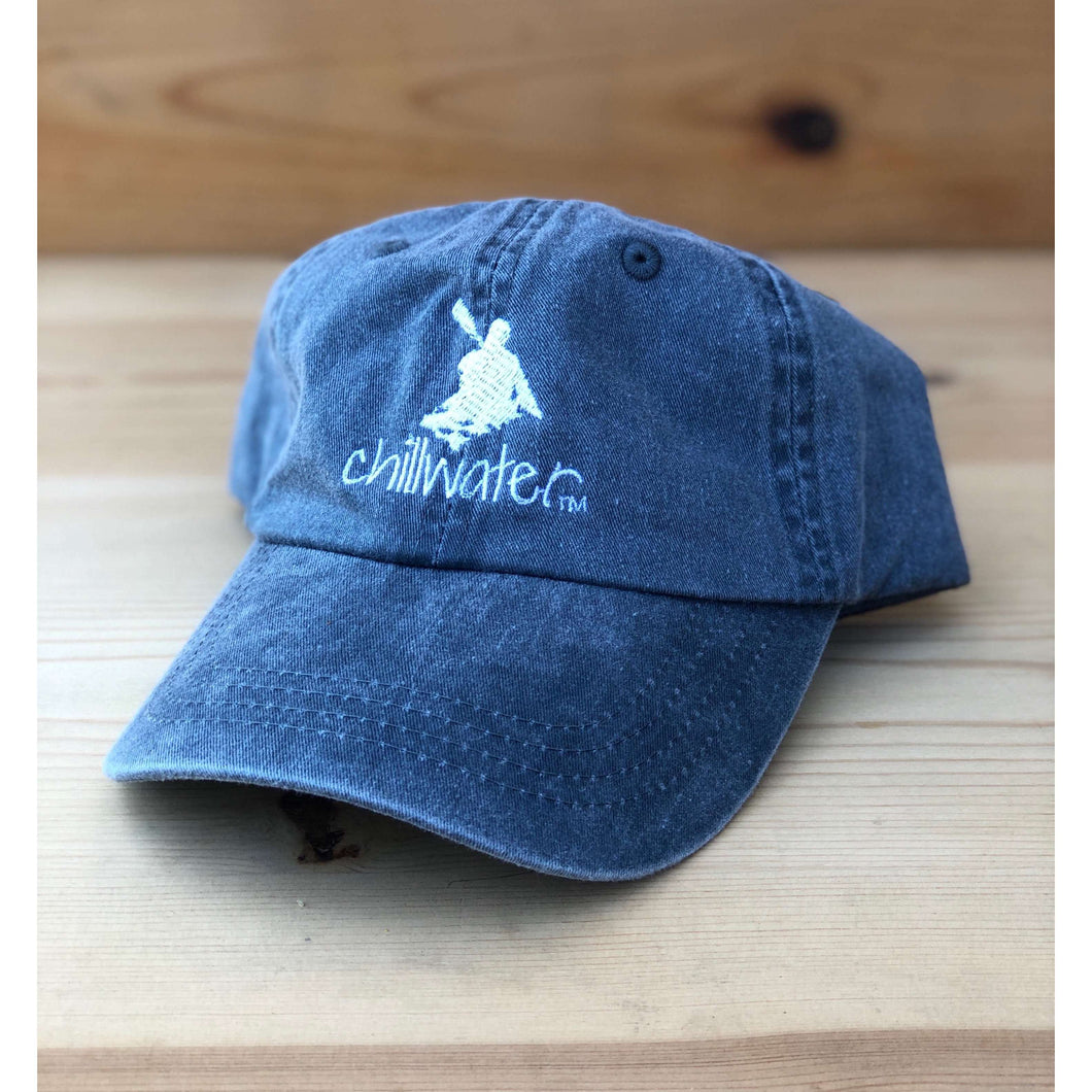 Chillwater’s classic cotton hat in washed denim with white lettering and design. Your typical cotton baseball hat with the Kayak design by Chillwater.