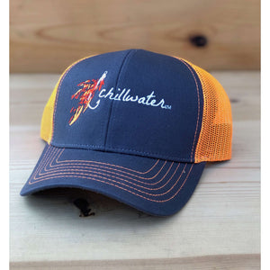 A orange and dark grey trucker hat, with our angler fishing design on the front. Orange stitching and mesh back.