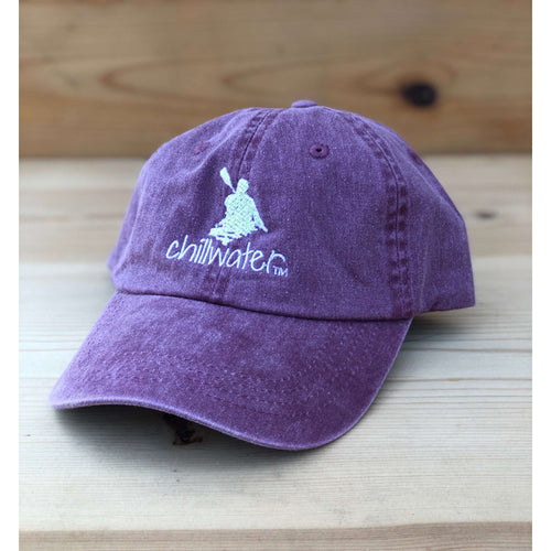 Chillwater’s classic cotton hat in washed plum with white lettering and design. Your typical cotton baseball hat with the Kayak design by Chillwater.