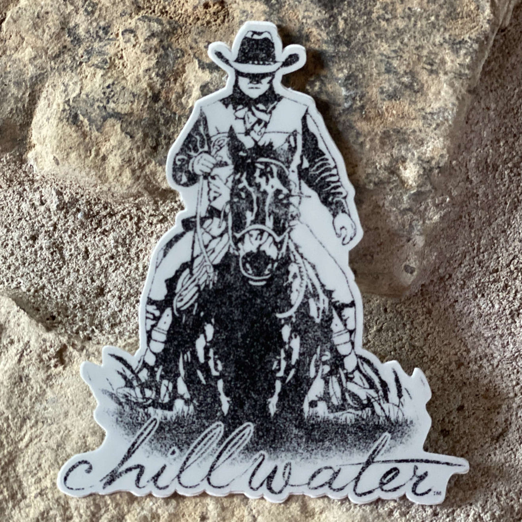 Rawhide “Cowboy” Sticker in white and black by Chillwater apparel.