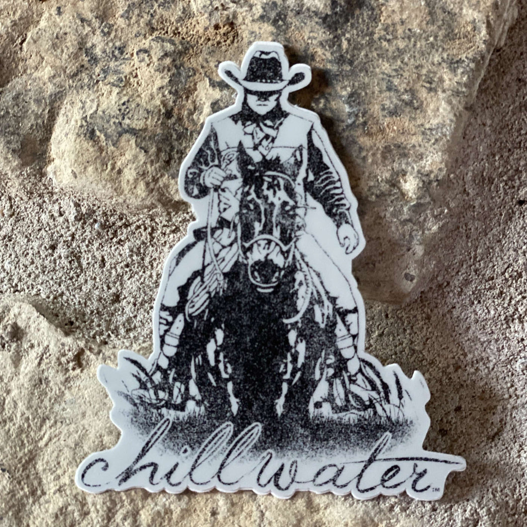 Rawhide “Cowboy” Sticker in black and white by Chillwater apparel.