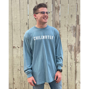 Man wearing blue long sleeve with chillwater airborne logo on the front.