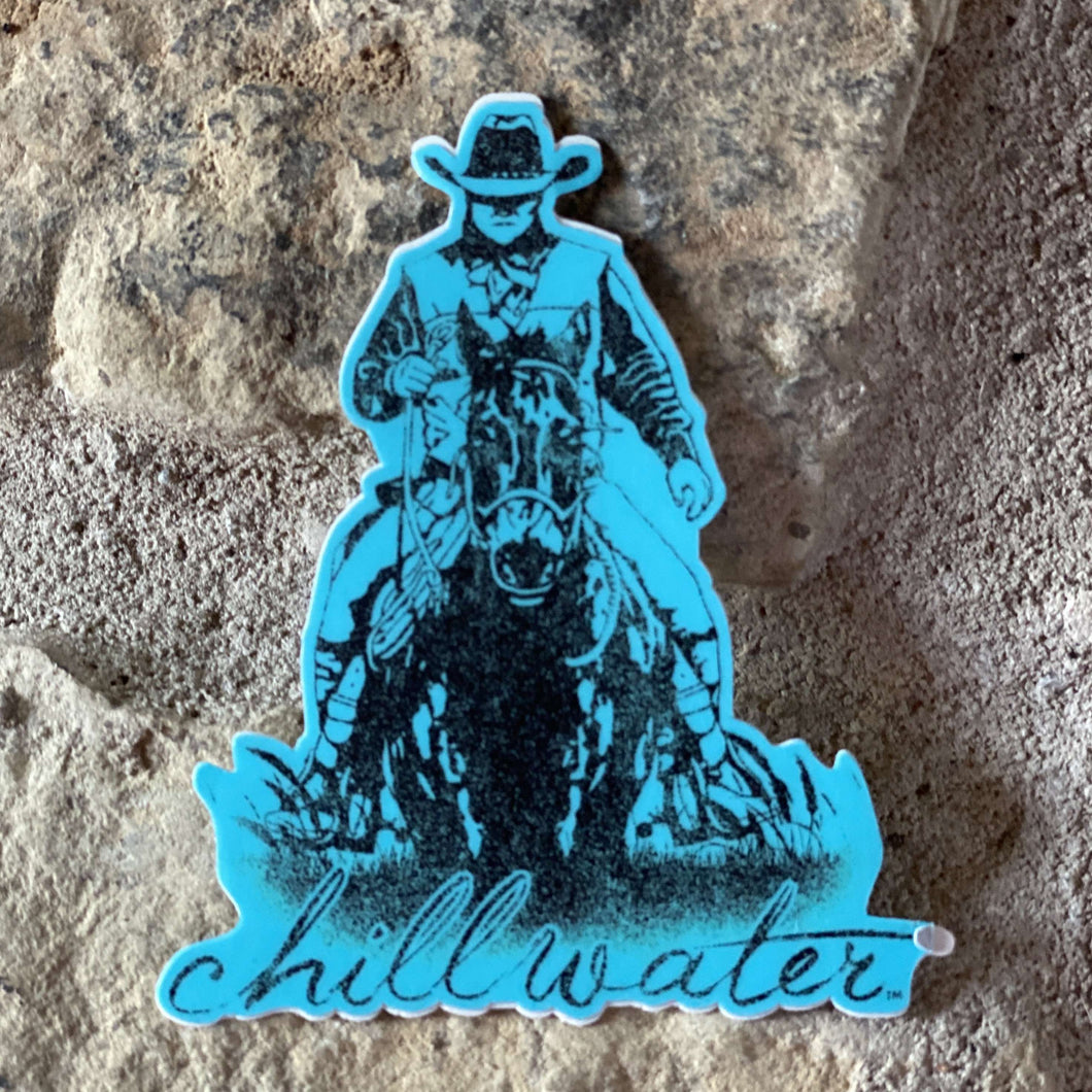 Rawhide “Cowboy” Sticker in bright blue and black by Chillwater apparel.