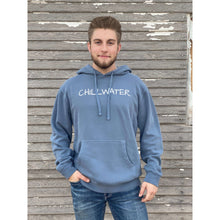 Chillwater logo hoodie with Beach Bound design on the back. Design is white sailboat on white sand beach with ocean background.