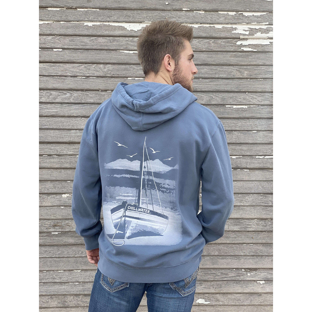 Chillwater logo hoodie with Beach Bound design on the back. Design is white sailboat on white sand beach with ocean background.