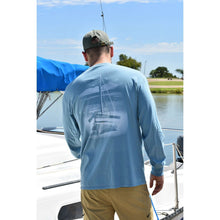 Long sleeve t-shirt with chillwaters beach bound design on the back. Design includes a sailboat resting on a white beach with an ocean background. 