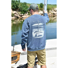 Faded navy comfort color sweatshirt with beach bound design on the back. Design is a white sailboat on white sand with an ocean background.