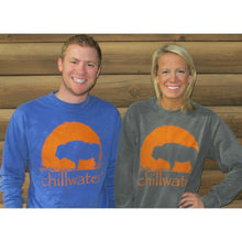 Young male and female wearing the blue and light grey long sleeve shirts from Chillwater's Buffalo Collection