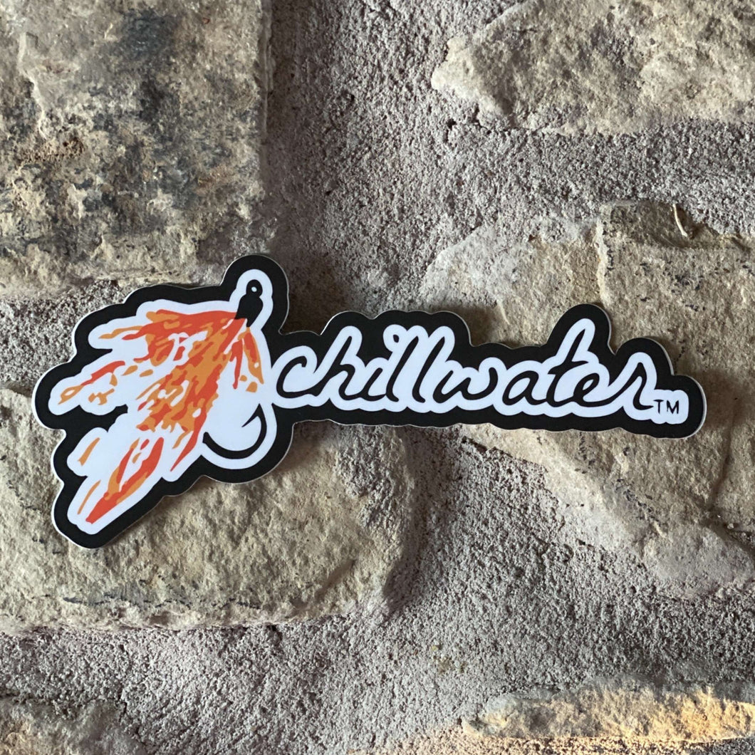 Black lettering Hook and Fly design by Chillwater Apparel with an orange fisherman’s hook and fly on the left of the sticker.