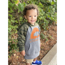 Youth child wearing a light grey, camo, and orange Buffalo kids hoodie from Chillwater Apparel.