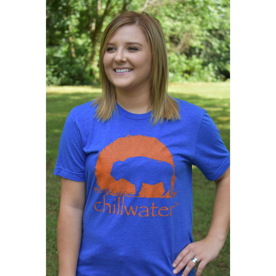 Young female in an electric blue Buffalo design from Chillwater Apparel.