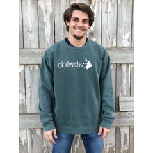 Young male wearing a trees of evergreen sweatshirt with the Kayak design by Chillwater. The back resembles a kayaker floating down a river covered by trees.