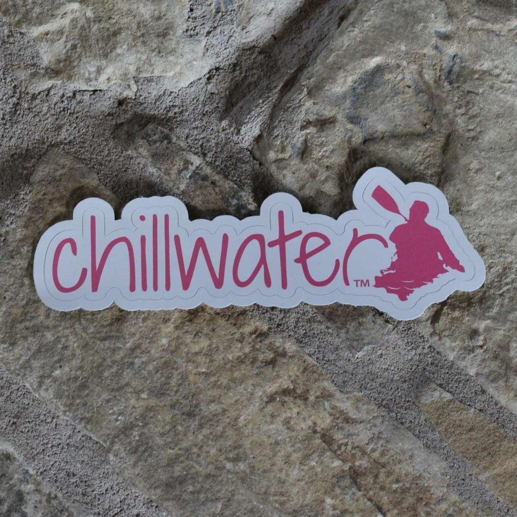 Pink lettering Kayak design by Chillwater Apparel with kayaker silhouette.