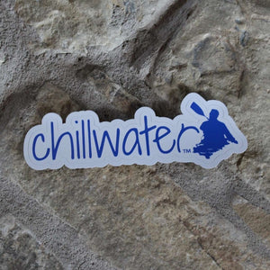 Blue lettering Kayak design by Chillwater Apparel with kayaker silhouette. 