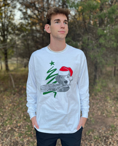 The 2022 Christmas Shirt by Chillwater Apparel in a long sleeve. White long sleeve tee with a dog and a oar.