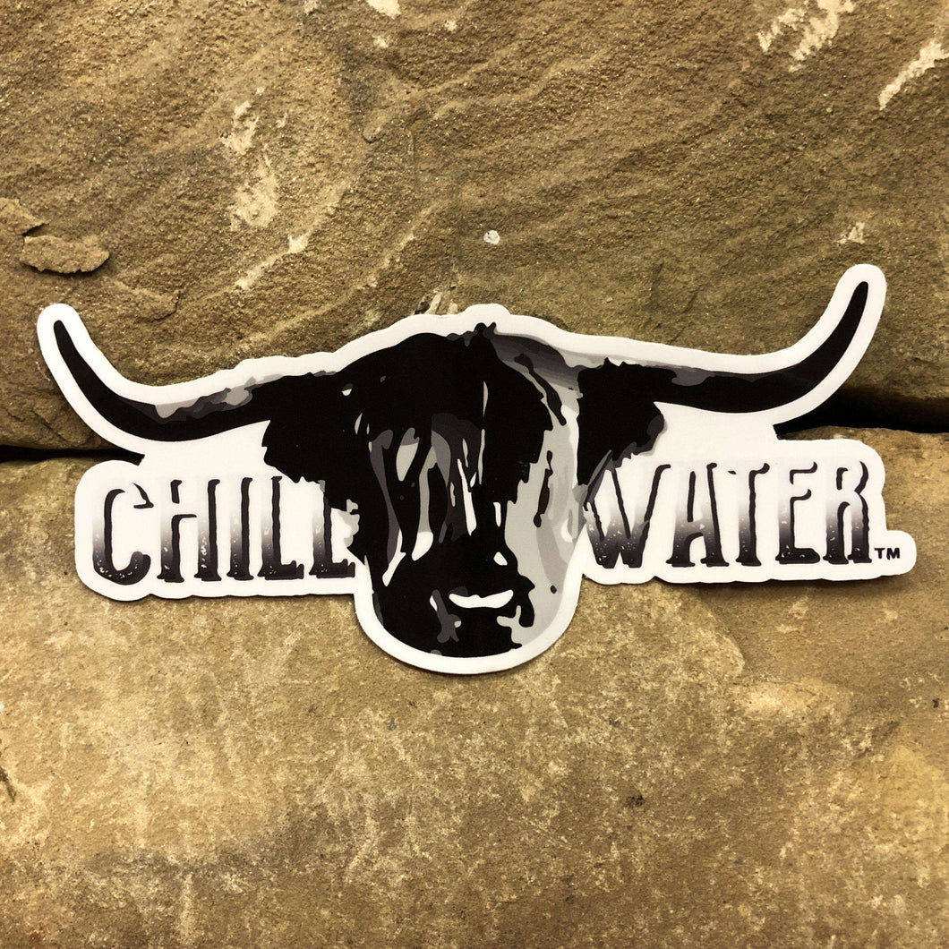 Highlander Cattle sticker in black and white by Chillwater Apparel.