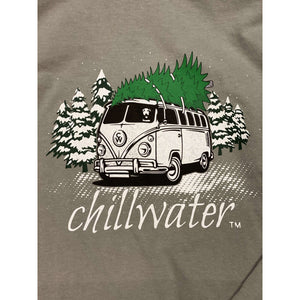Jim Tom Christmas long sleeve tee in barn grey and faded firecracker red. Pictures a dog in a VW bus with a Christmas tree on the top.