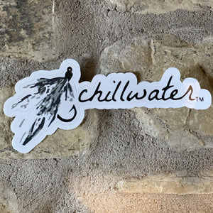 Black lettering Hook and Fly design by Chillwater Apparel with a fisherman’s hook and fly on the left of the sticker.