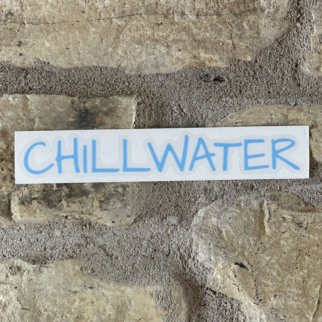 Blue transfer sticker saying Chillwater is the beach bound font.