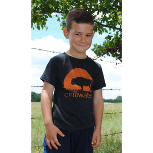 Youth short sleeve in black with orange Buffalo design from Chillwater Apparel.