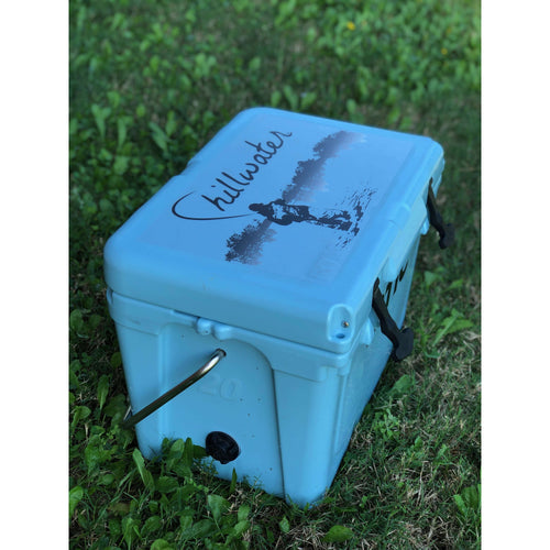 Transfer sticker/Cling-On Sticker/Sticker of a Fly fisherman on a blue cooler sitting in the grass