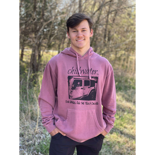 Light wine colored hoodie sweatshirt with chillwater's jim tom design on the front center. Design includes chillwater lettering, photo of jim tom dog in a jeep and the words 