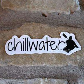 Black lettering Kayak design by Chillwater Apparel with kayaker silhouette. 