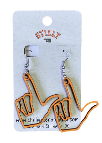 Stilly Earrings by Chillwater Apparel. Resemble the hand gesture known as pistols firing on an orange wood cut out.