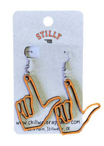 Stilly Earrings by Chillwater Apparel. Resemble the hand gesture known as pistols firing on an orange wood cut out.