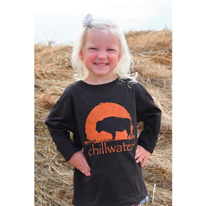 YouthChillwater Buffalo design on a long sleeve in black and orange logo 