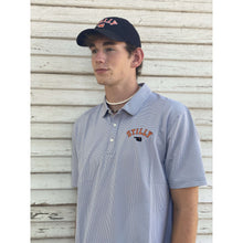 Gingham grey and white stretch polo with small stilly logo on front left chest.
