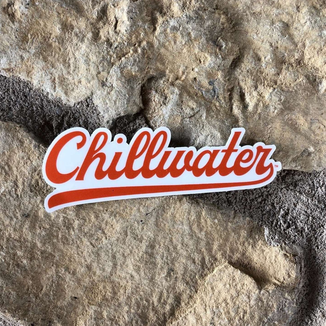 Orange Vintage Chill design by Chillwater Apparel on a sticker and in orange.