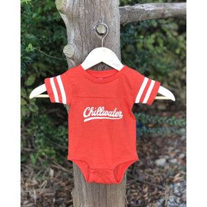 Vintage chill onesie for youth children by Chillwater Apparel in an orange color.